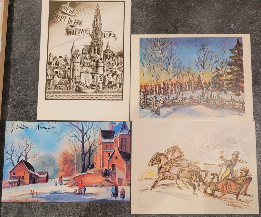 4 oude wenskaarten: Nieuwjaar, Ophalen of Verzenden, Ongelopen, Feest(dag)