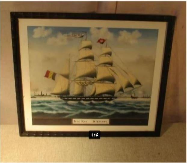 Mooie Artprint 'Zeilboot - Jean Key - D Anvers' - 38x32, Ophalen of Verzenden, Zo goed als nieuw, Print