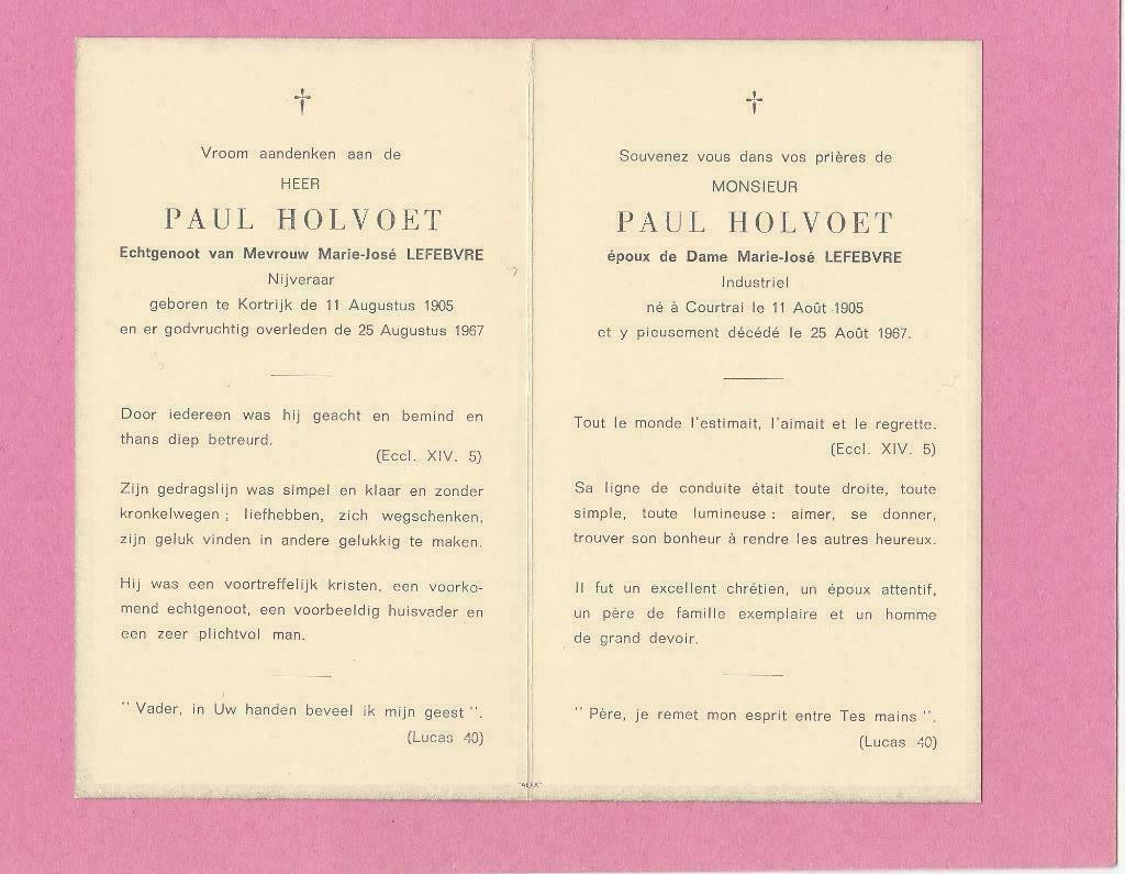 DP Nijveraar Paul Holvoet, Verzenden, Bidprentje