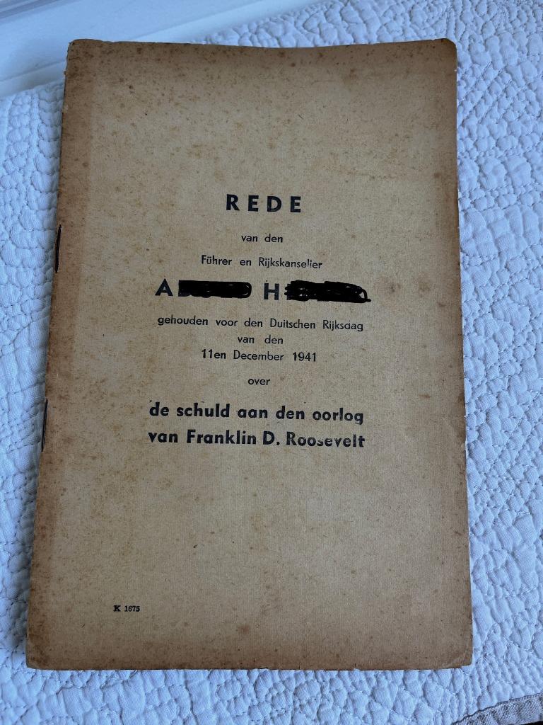 rare original papier en NL discours AH entrée en guerre USA, Collections, Enlèvement ou Envoi, Armée de terre, Livre ou Revue
