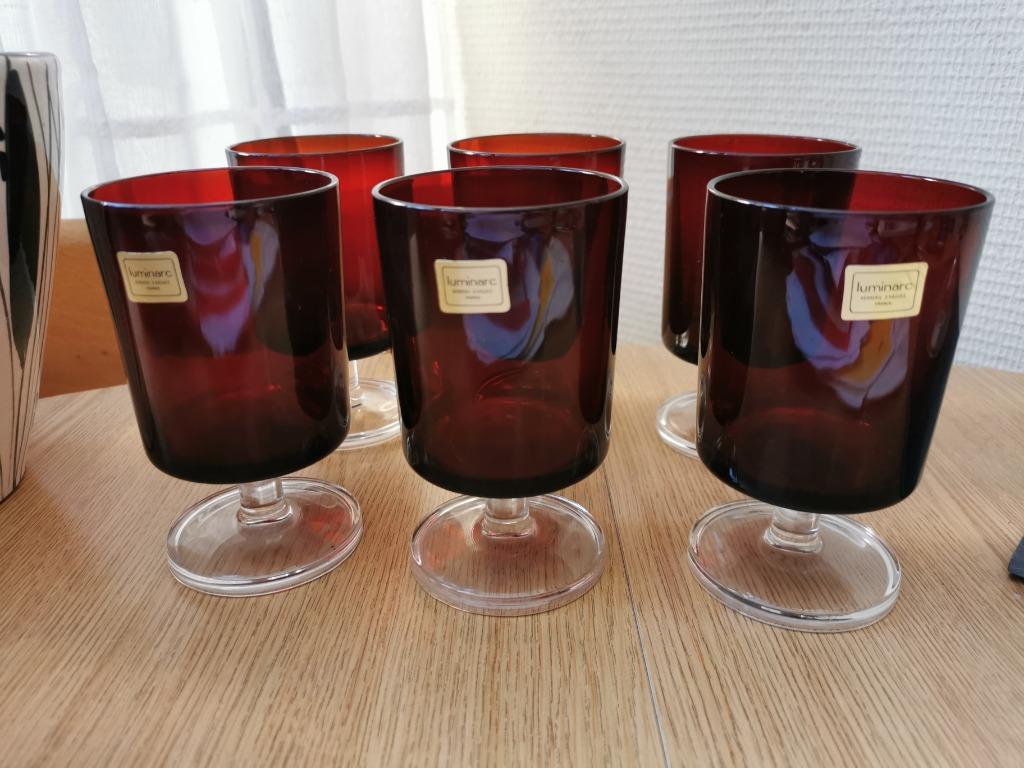 6 zeldzame Luminarc vintage burgundy rode wijnglazen pr/set, Ophalen of Verzenden