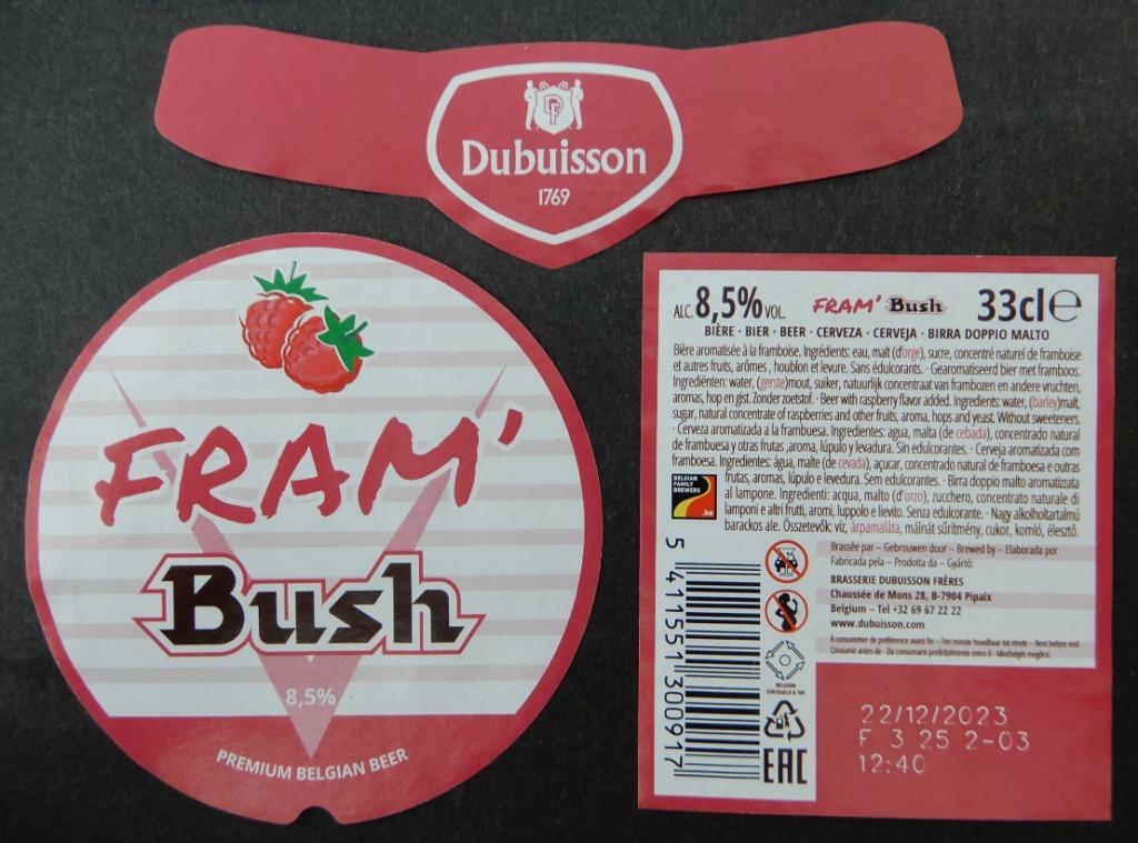 Bieretiket Bush Fram' brouwerij Dubuisson Frères (7x7), Verzamelen, Biermerken, Ophalen of Verzenden, Gebruikt