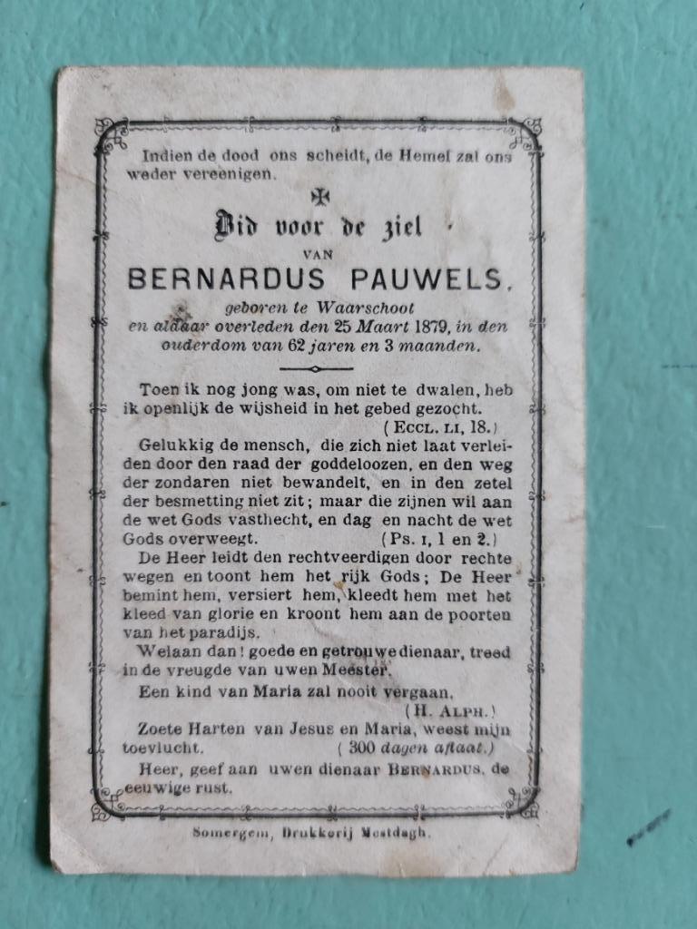 oud doodsprentje 1817-1879 Waarschoot, Verzamelen, Bidprentjes en Rouwkaarten, Verzenden