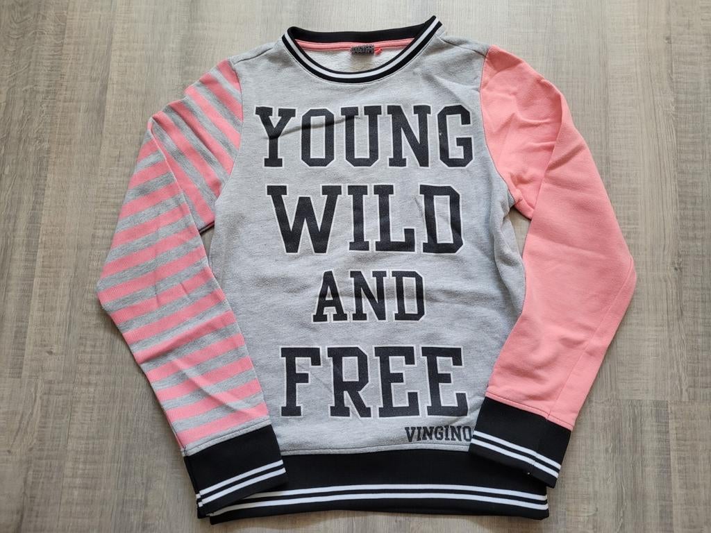 Trui / sweater grijs met roze Vingino maat 164 / 14 jaar, Meisje, Trui of Vest, Ophalen of Verzenden, Zo goed als nieuw