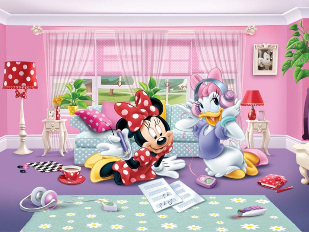 Minnie Mouse en Katrien VLIES fotobehang, Afm. 360 x 270 cm, Verzenden, Nieuw, Wanddecoratie