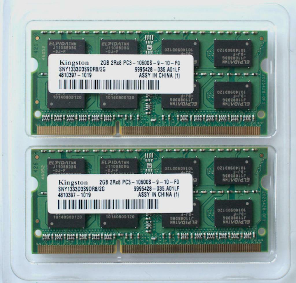 Kit Kingston 2 x 2 GB 2Rx8 PC3-10600S-9 DDR3 SODIMM, DDR3, Ophalen of Verzenden, Zo goed als nieuw, 2 GB