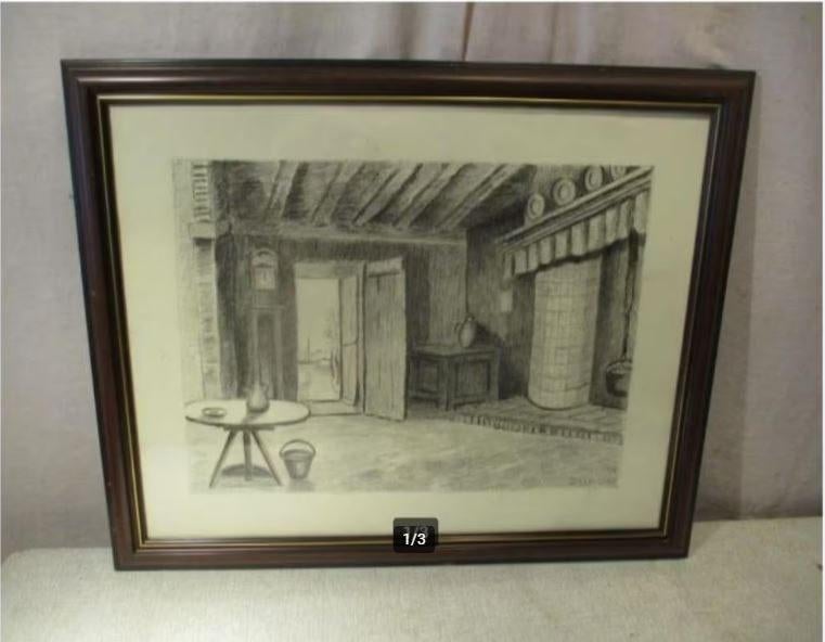 Mooie Tekening 'In de Huiskamer' - Delbaere, Ophalen of Verzenden