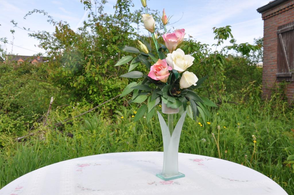 vase en verre fleur avec bouquet en soie, Enlèvement ou Envoi, Utilisé, Verre, Moins de 50 cm