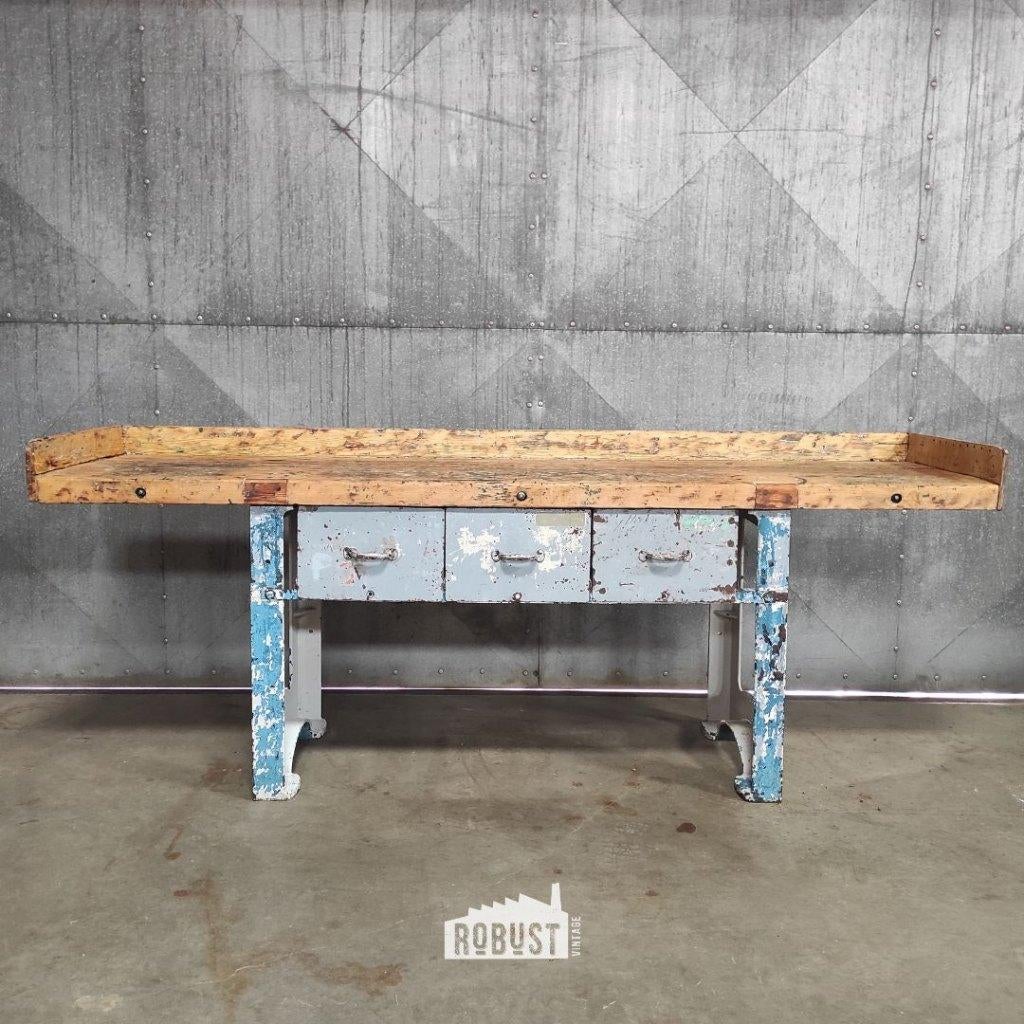 Etabli industriel / îlot de cuisine / table de travail métal, Maison & Meubles, Bleu, 200 cm ou plus, Enlèvement ou Envoi, Moins de 100 cm