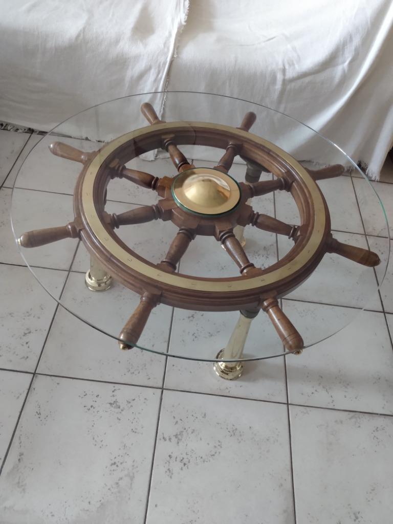 Tafel met authentiek eiken scheepswiel en koperen poten, Ophalen