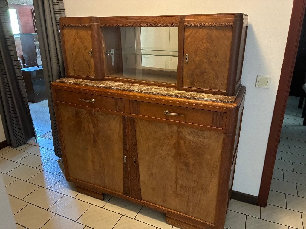 Vintage buffetkast met marmer en houtsnijwerk, Ophalen, 100 tot 150 cm, 100 tot 150 cm, Vintage