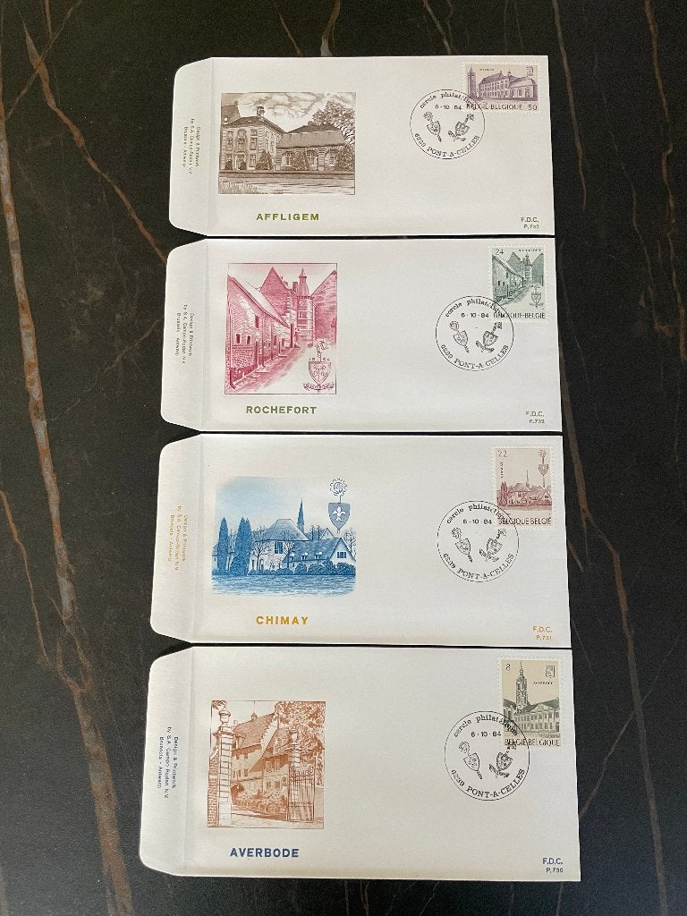 Enveloppe FDC (4 pc) Abbayes : premier jour à Pont-à-Celles, Enlèvement ou Envoi, Enveloppe