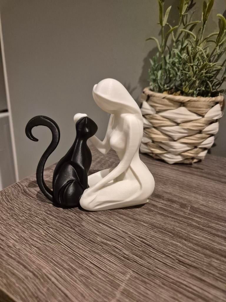 Decoratie beeldje  Vrouw en Kat, Maison & Meubles, Accessoires pour la Maison | Autre, Neuf, Autres matériaux, Blanc, Moderne