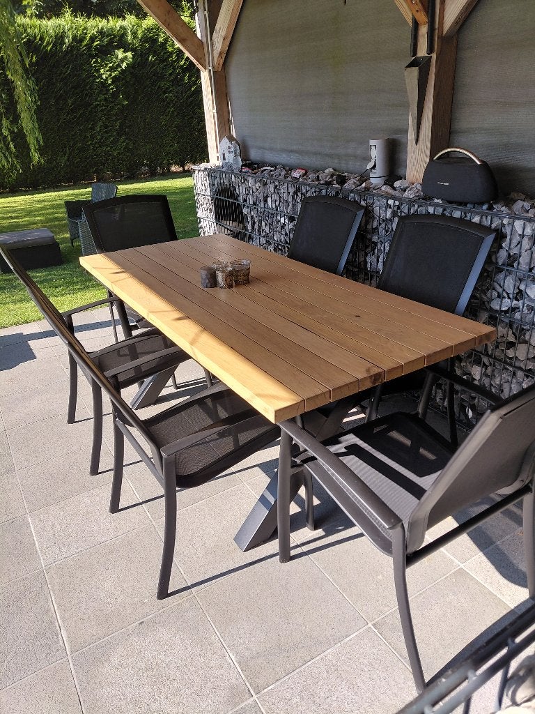 eiken terrastafel met 6 stoelen, Tuin en Terras, Ophalen, Zo goed als nieuw, Rechthoekig, Aluminium