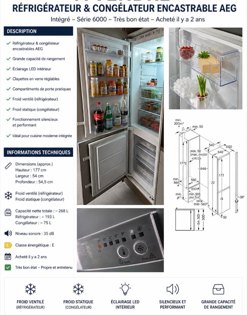 Frigo/congélateur AEG encastrable 1m77, Electroménager, 160 cm ou plus, Comme neuf, Enlèvement, 45 à 60 cm