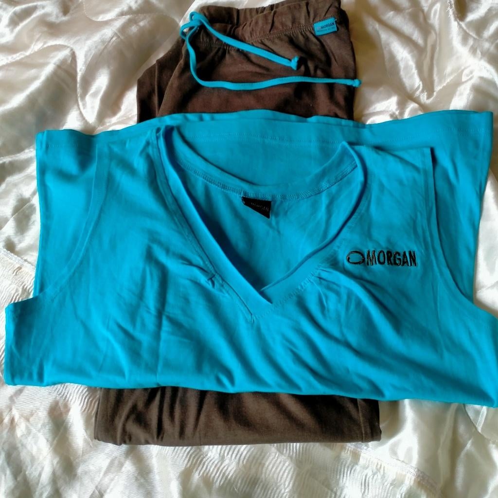 Set: lichte sportbroek en T-shirt,taupe en turkoois,maat:42., Kleding | Dames, Overige kleuren, Maat 42/44 (L), Nieuw, Morgan De Toi