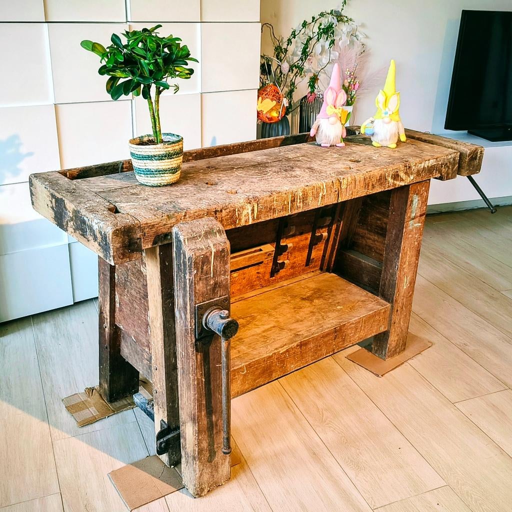Authentieke beuken werkbank – 2 bankschroeven – 150 cm, Doe-het-zelf en Bouw, Werkbanken, Ophalen, Gebruikt, 120 tot 170 cm, Bankschroef