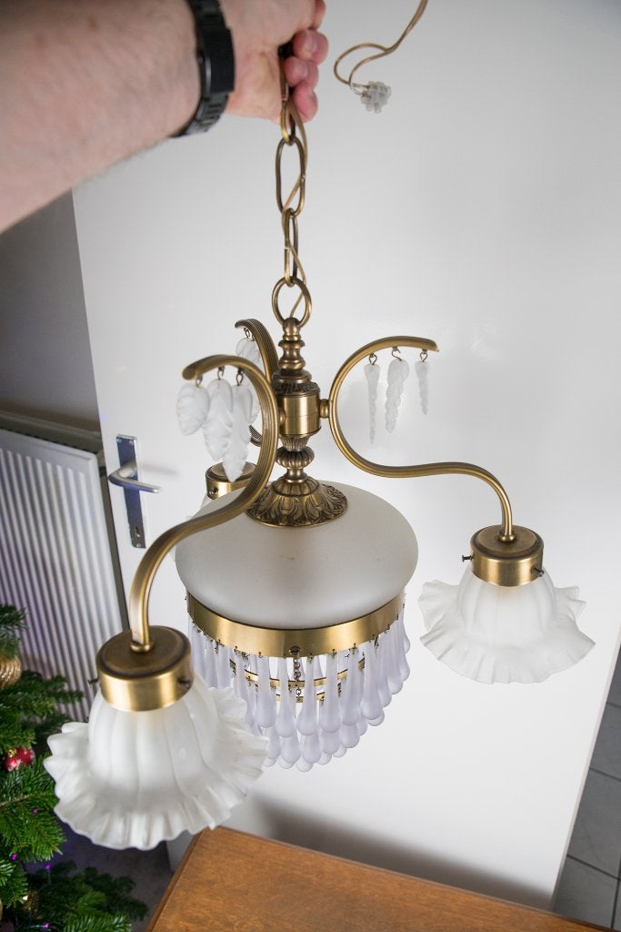 vintage messing kroonluchter, Ophalen of Verzenden, Glas