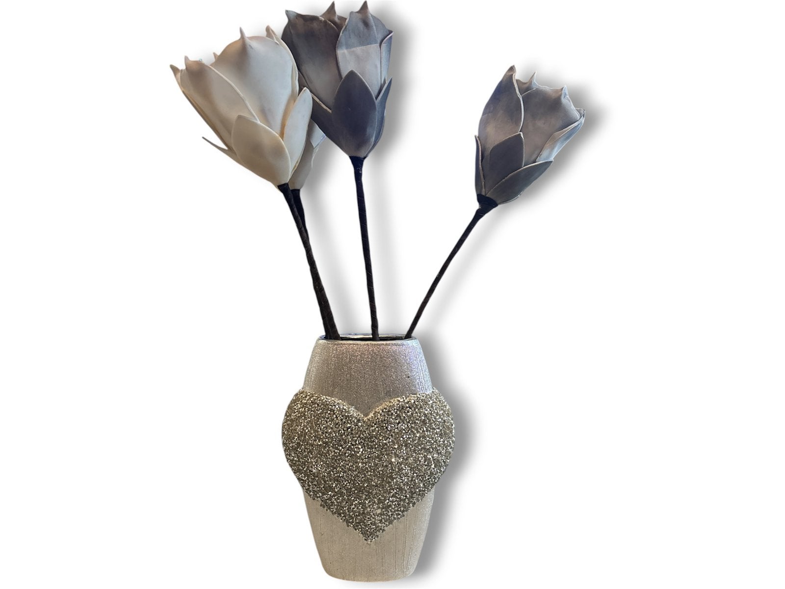 Vase argenté & strass, Maison & Meubles, Enlèvement ou Envoi, Comme neuf, Fleurs séchées incluses, Argenté
