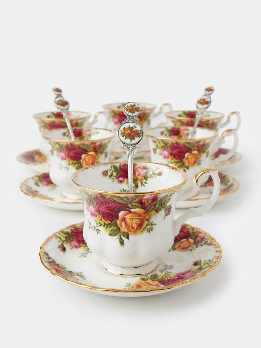 Service 12 tasse Royal Albert Old Country Roses 9 cuillères, Enlèvement ou Envoi