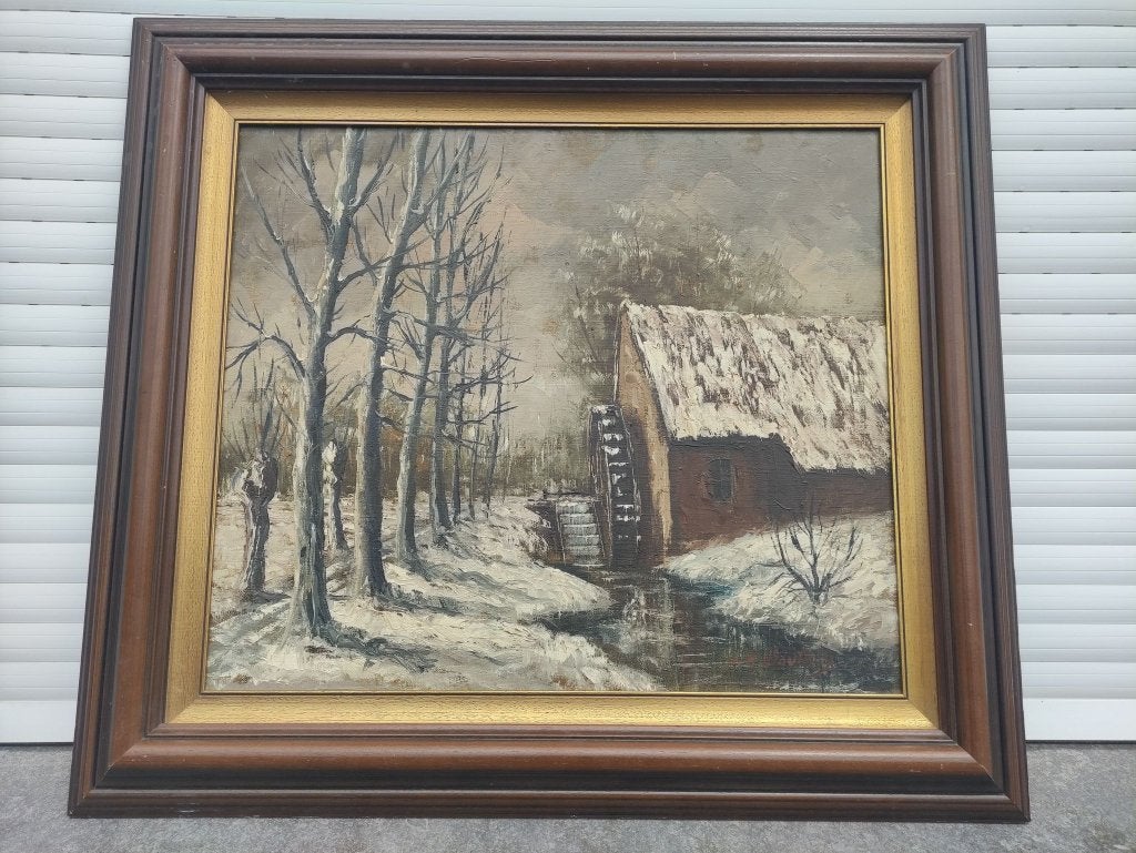 huile sur toile moulin a eau enneige signe L R wouters, Antiek en Kunst, Kunst | Schilderijen | Klassiek, Ophalen, Doek