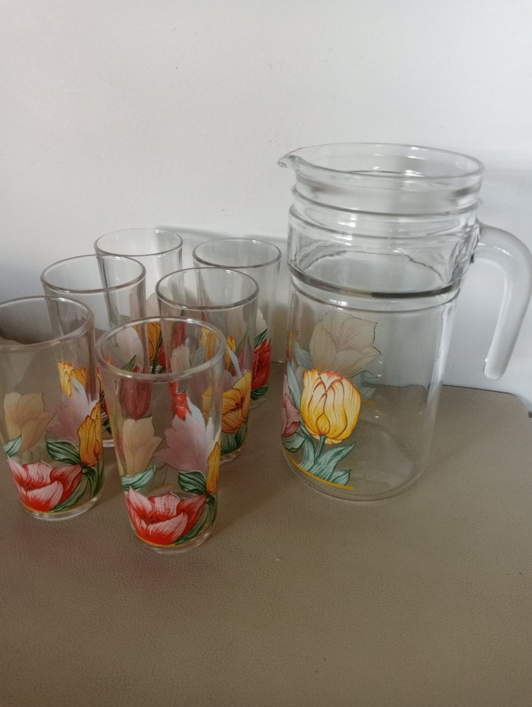 Carafe en verre vintage/6 verres Tulipe, Enlèvement ou Envoi, Neuf, Verre à eau