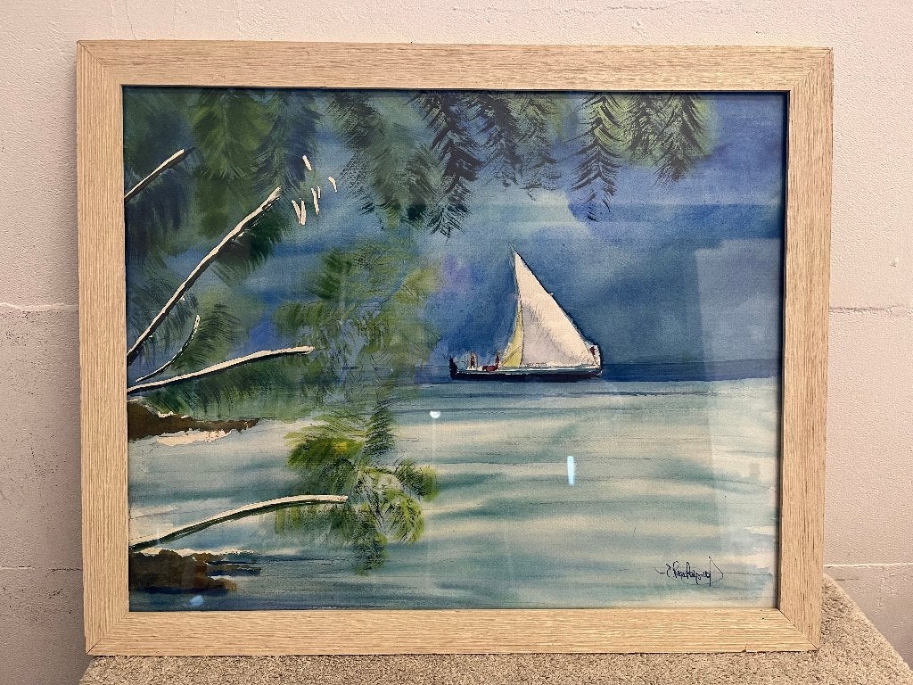 Aquarelle de Jean Raymond - Voilier solitaire, Antiquités & Art, Sous verre, Aquarelle, Enlèvement, Papier