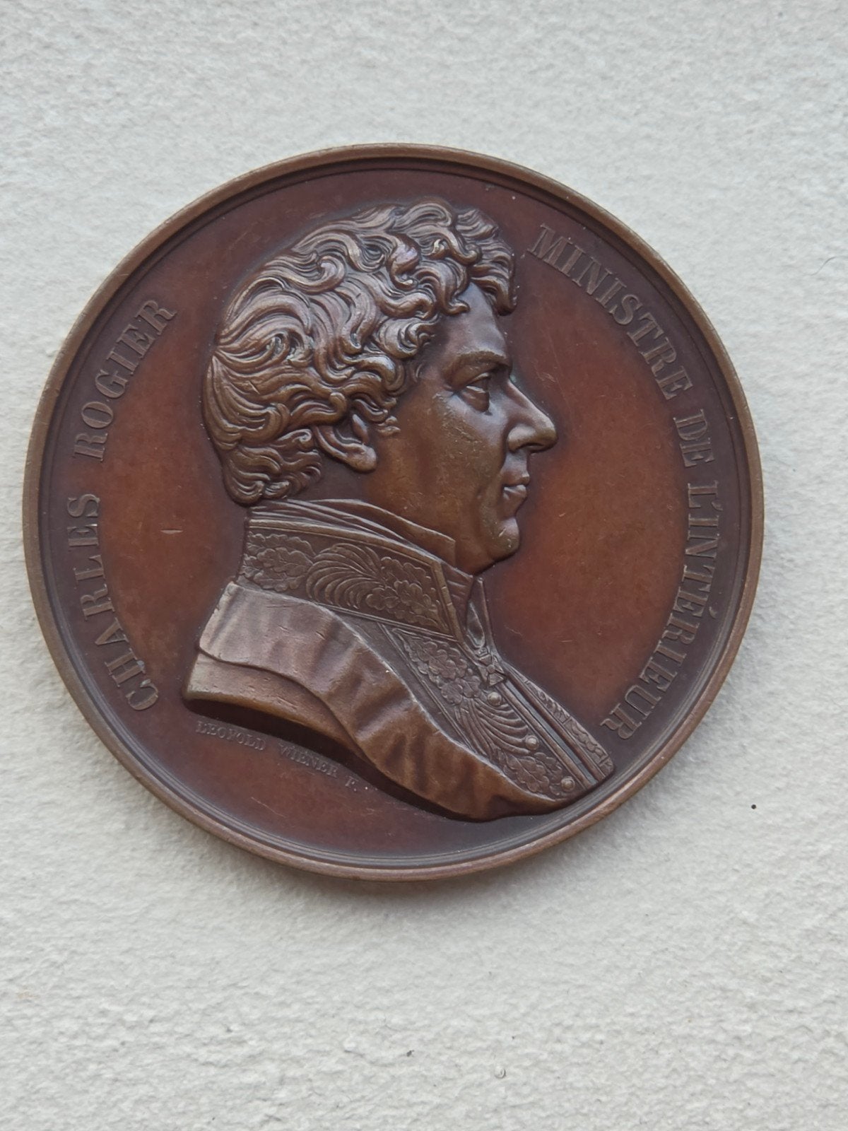 Medaille Charles Rogier 1852 7cm Leopold Wiener, Ophalen of Verzenden, Brons