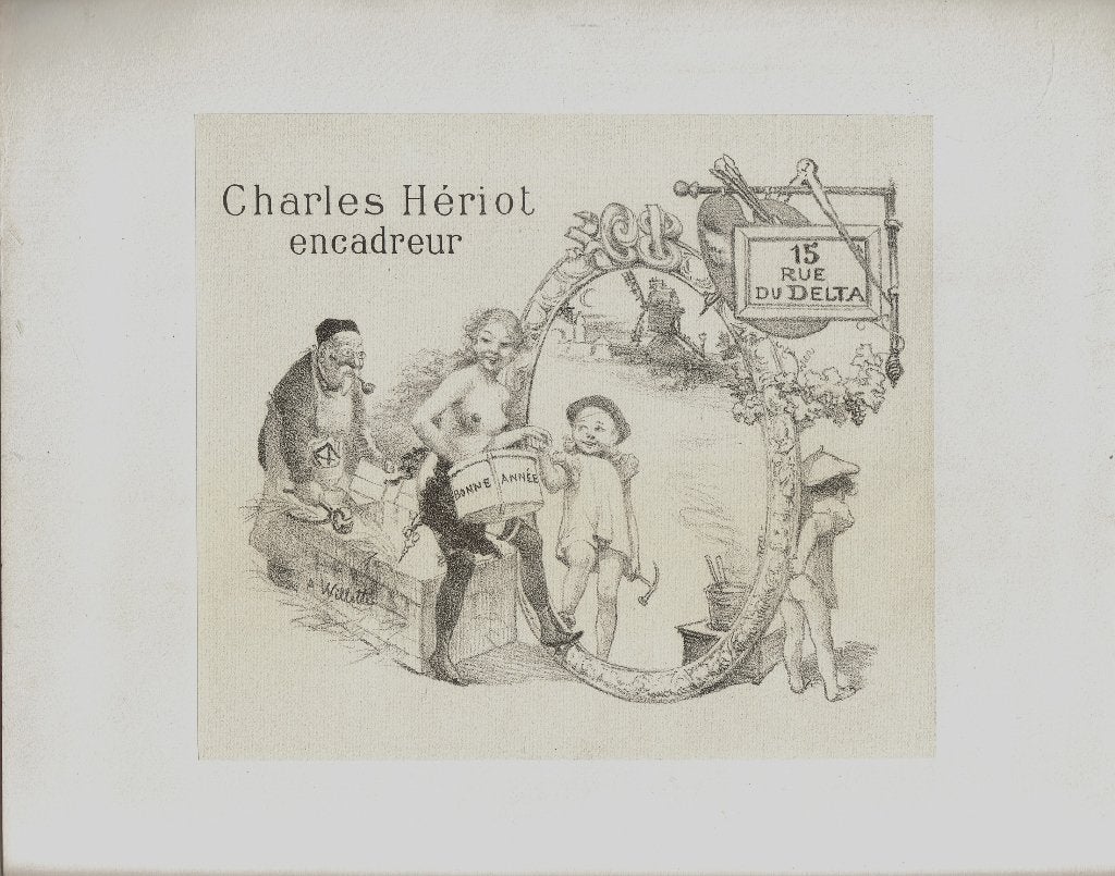 Adolphe Willette litho "Charles Heriot Encadreur Bonne Année, Antiquités & Art, Original, Enlèvement, Personnages et figures fantastiques