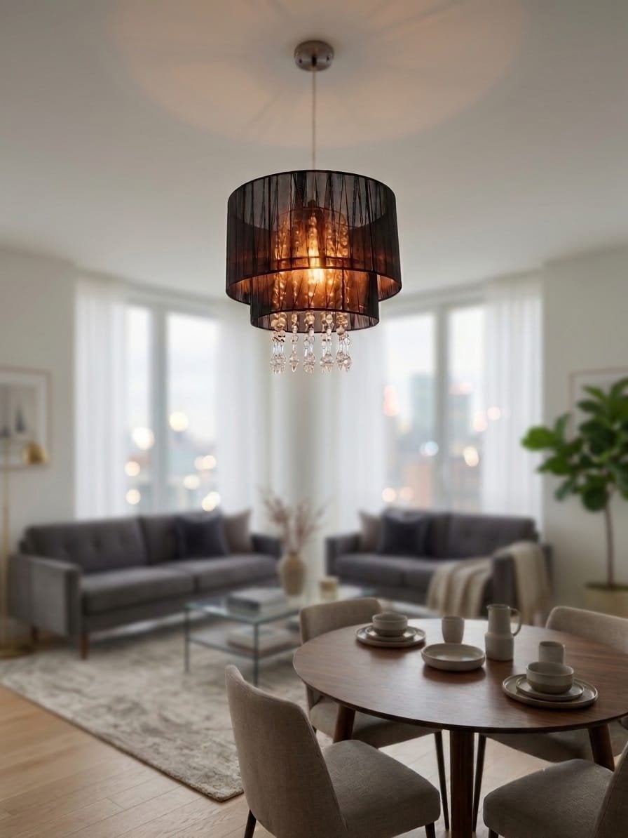 Lamp met voile en glazen bedeltjes, Huis en Inrichting, Ophalen, E27 (groot), Glas, Boudoir