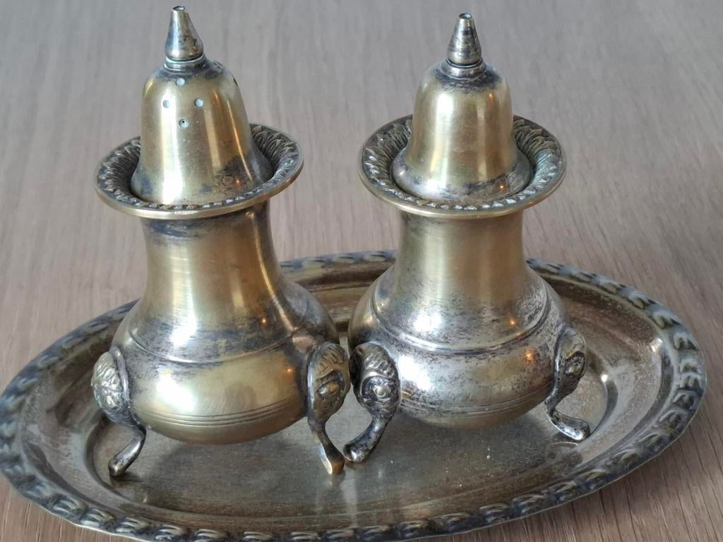 Antiek verzilverd peper & zout stel + dienblad., Antiek en Kunst, Ophalen of Verzenden
