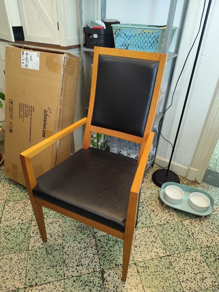 Lot de 4 chaises de salle à manger en cuir et bois, Maison & Meubles, Vintage, Comme neuf, Enlèvement, Bois