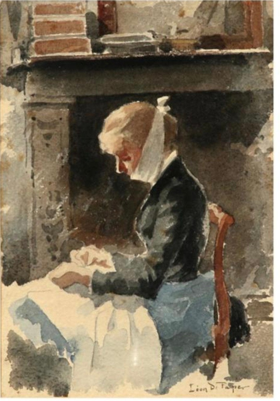 Léon de Pape (1852 - 1890) -Intérieur avec une femme à la ch, Enlèvement ou Envoi, Aquarelle, Papier
