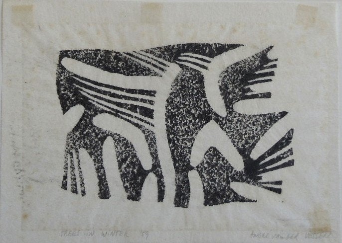 André van der Vossen linosnede "Trees in Winter" 1959 gesign, Origineel, Landschappen, Ophalen, Linosnede