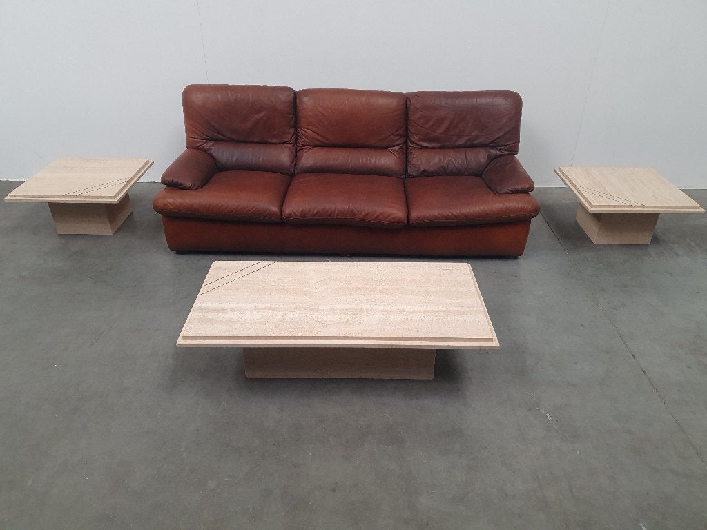 Ensemble de tables basses en marbre travertin laiton 70s, Enlèvement, Ensemble