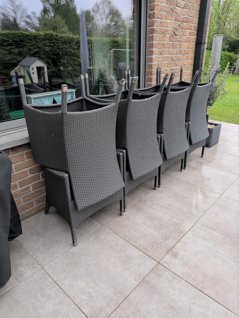 Set van 8 luxe wicker tuinstoelen – Antraciet – Topstaat!, Ophalen, Kunststof