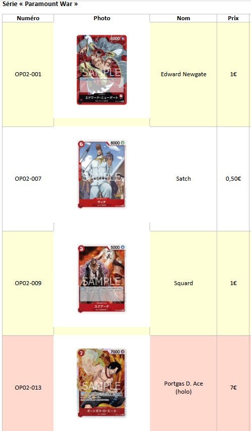 Cartes japonaises One Piece – OP02 – Paramount War, Enlèvement, Comme neuf