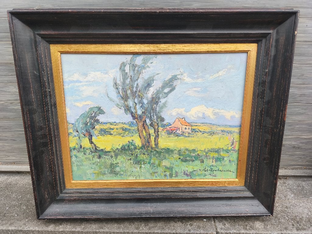 Huile sur panneau paysage signe, Antiquités & Art, Art | Peinture | Classique, Enlèvement ou Envoi, Paysage, Panneau