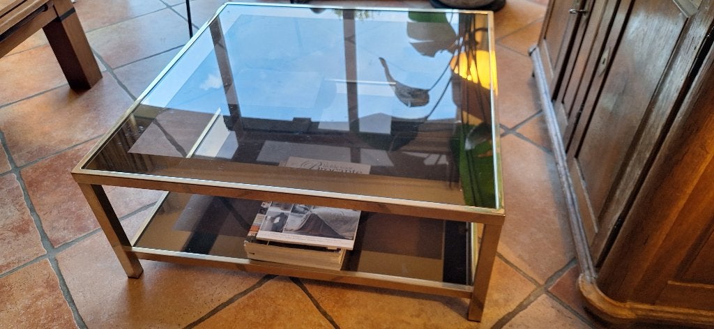 Glazen salontafel vierkant, Huis en Inrichting, Tafels | Salontafels, Ophalen, Gebruikt, 50 tot 100 cm, 50 tot 100 cm