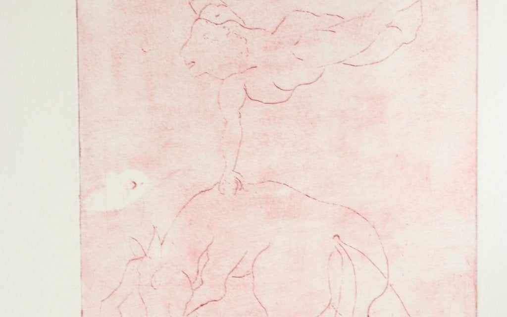 Ets in rood Akrobate - acrobaat op stier, M. Schneider, Eau-forte, 26 cm, 1950 - 1999, Signé