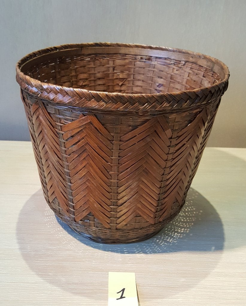 Cache-pot vintage en bambou – Motif chevrons – 70s, Jardin & Terrasse, Enlèvement ou Envoi, 25 à 40 cm, Rond, Utilisé