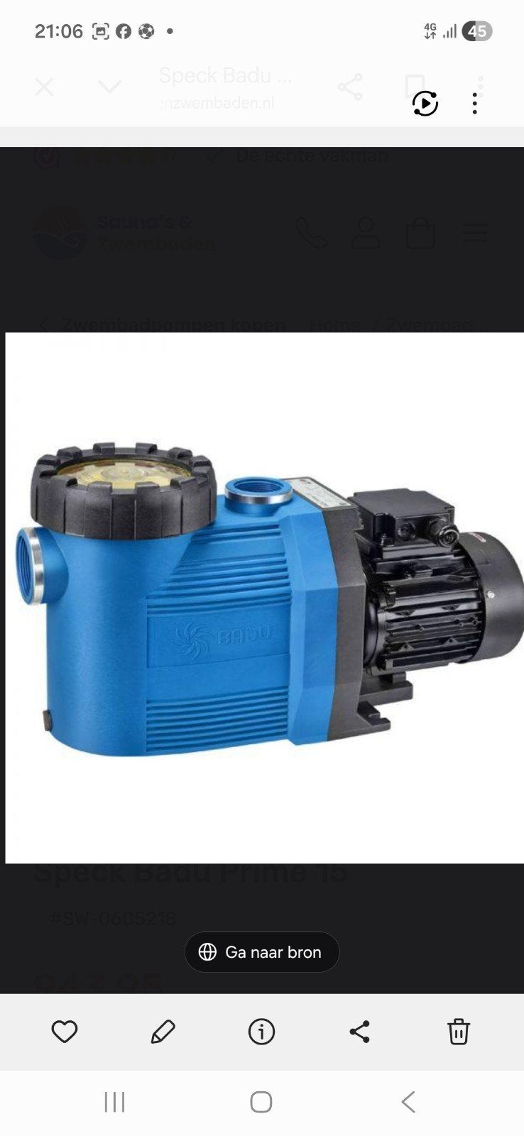 zwembadpomp speck badu prime 15m3  230volt., Enlèvement, Comme neuf, Pompe