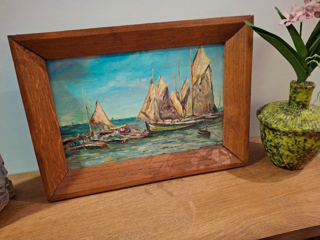 Olieverf schilderij boten met oude tekst., Antiek en Kunst, Ophalen, Olieverf