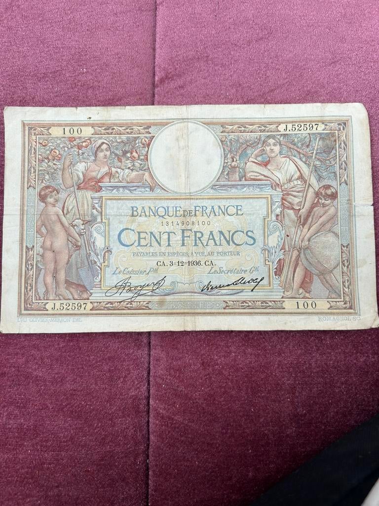 Bankbiljet van 100 frank uit frankrijk 1936, Postzegels en Munten, Bankbiljetten | Europa | Niet-Eurobiljetten, Ophalen