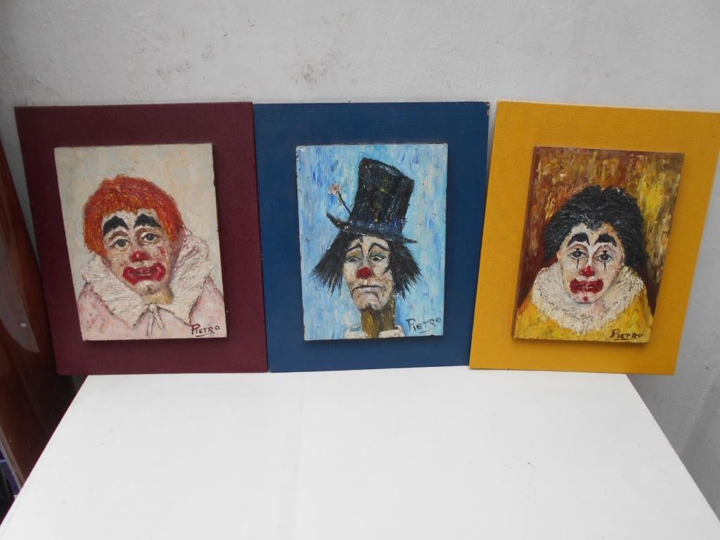 3 schilderytjes  clowns  PIETRO  1960, Antiek en Kunst, Ophalen of Verzenden
