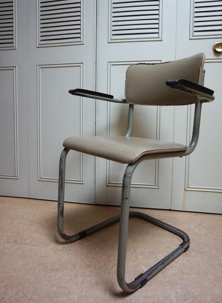 Vintage Tubax armstoel/ bureaustoel 1959, Maison & Meubles, Chaises, Gris, Bois, Enlèvement, Utilisé
