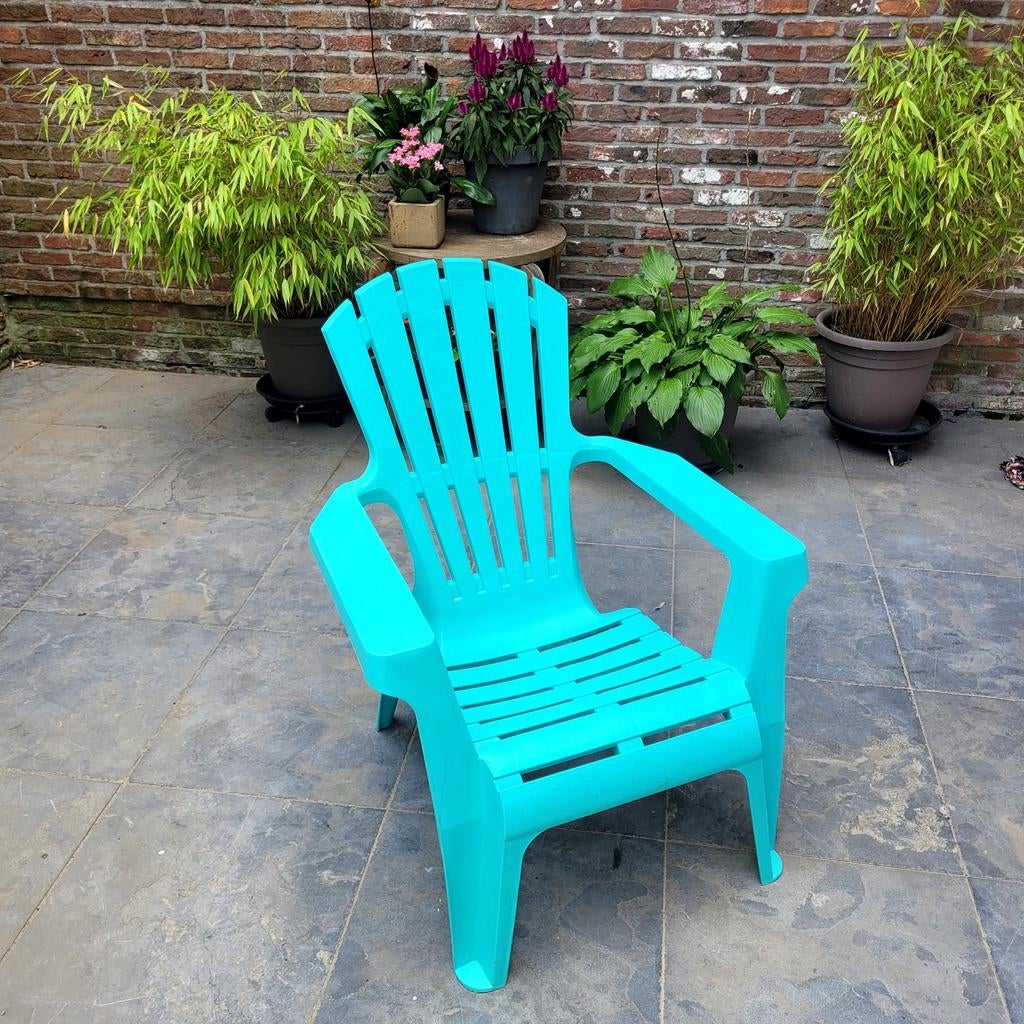 4 turquoise plastic tuinstoelen Adirondack-stijl, Ophalen, Kunststof