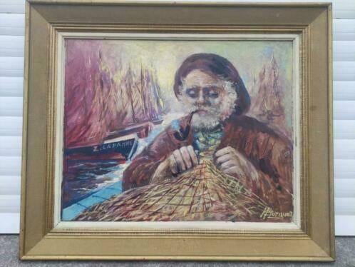 huile sur panneau pecheur signe hubert borguet, Ophalen of Verzenden