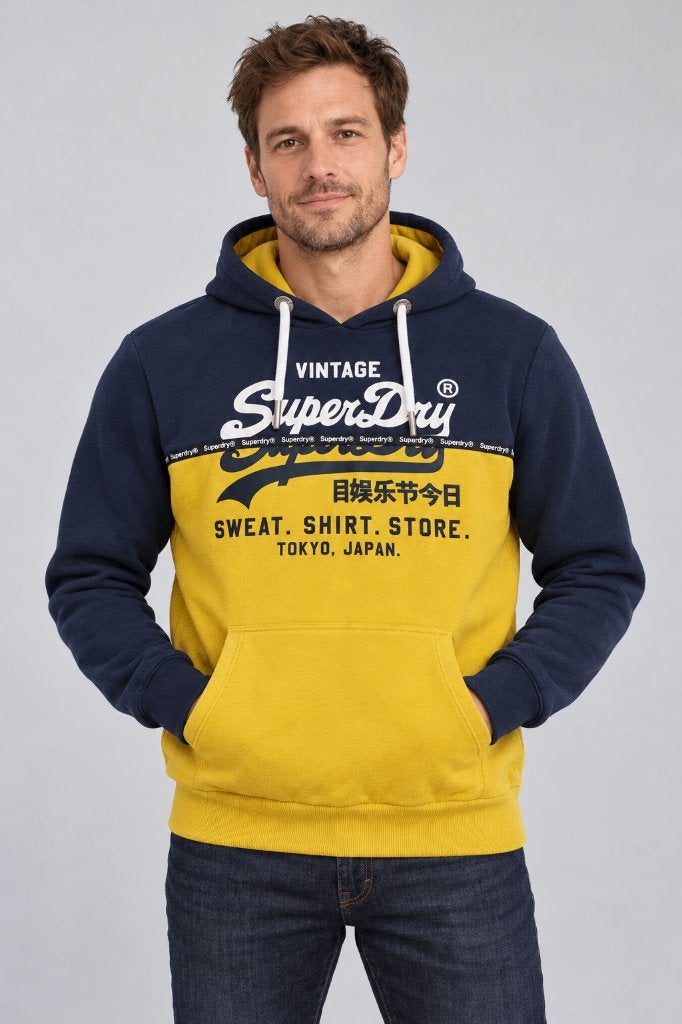Superdry Vintage hoodie donkerblauw geel XXL, Ophalen of Verzenden, Gedragen, Overige maten, Geel