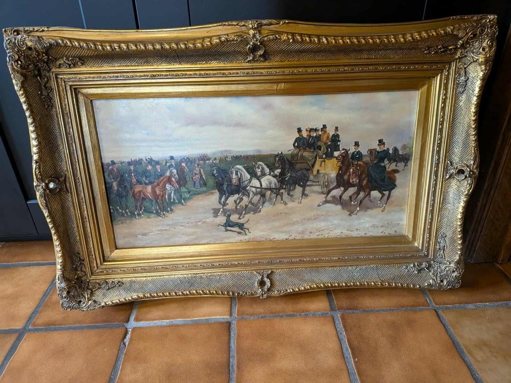 Peinture à l'huile. . Scène de chasse à courre. 85 x 65 cm, Enlèvement